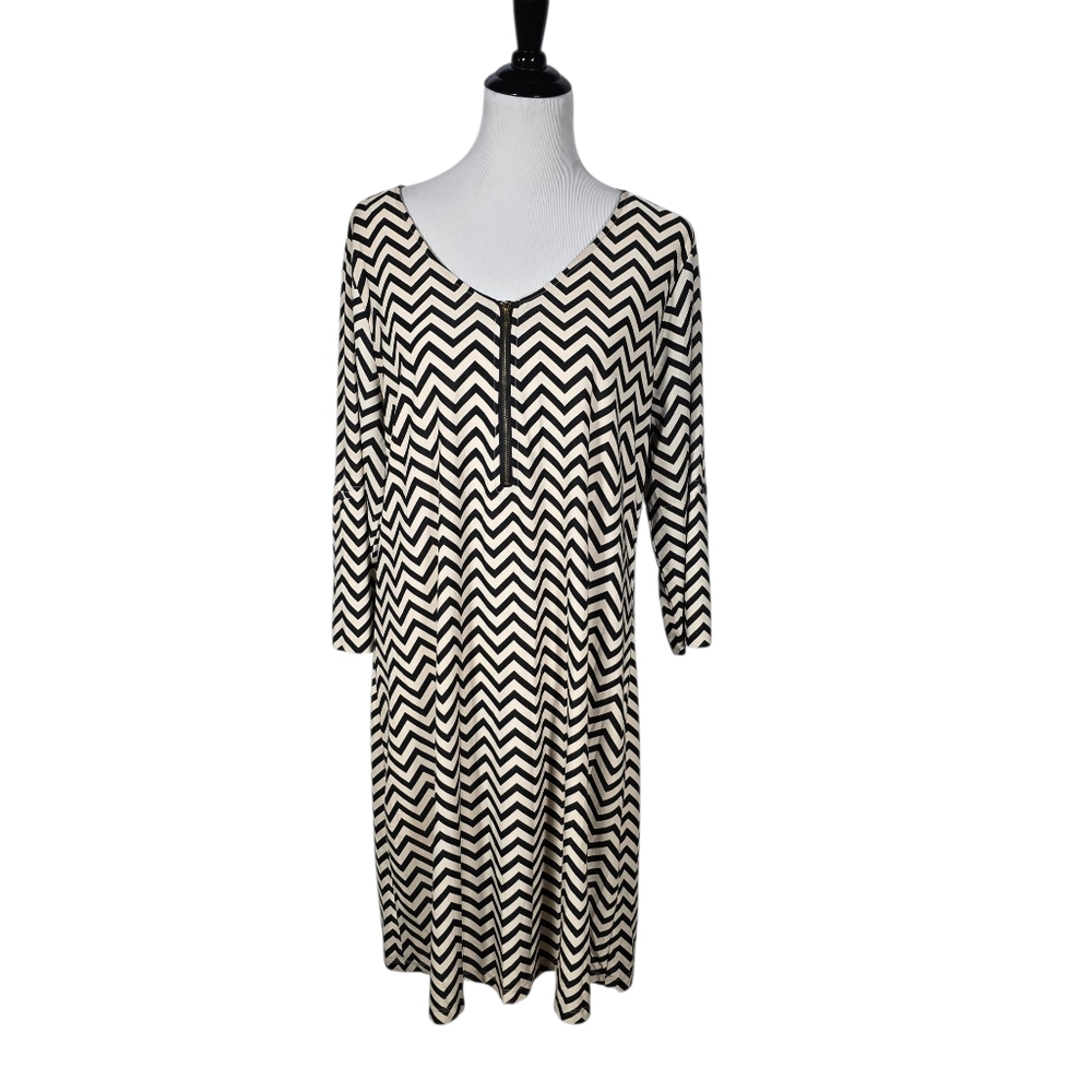 Tacera 1X Chevron Patterned Black and Tan Shift Dress Button Up Sleeves